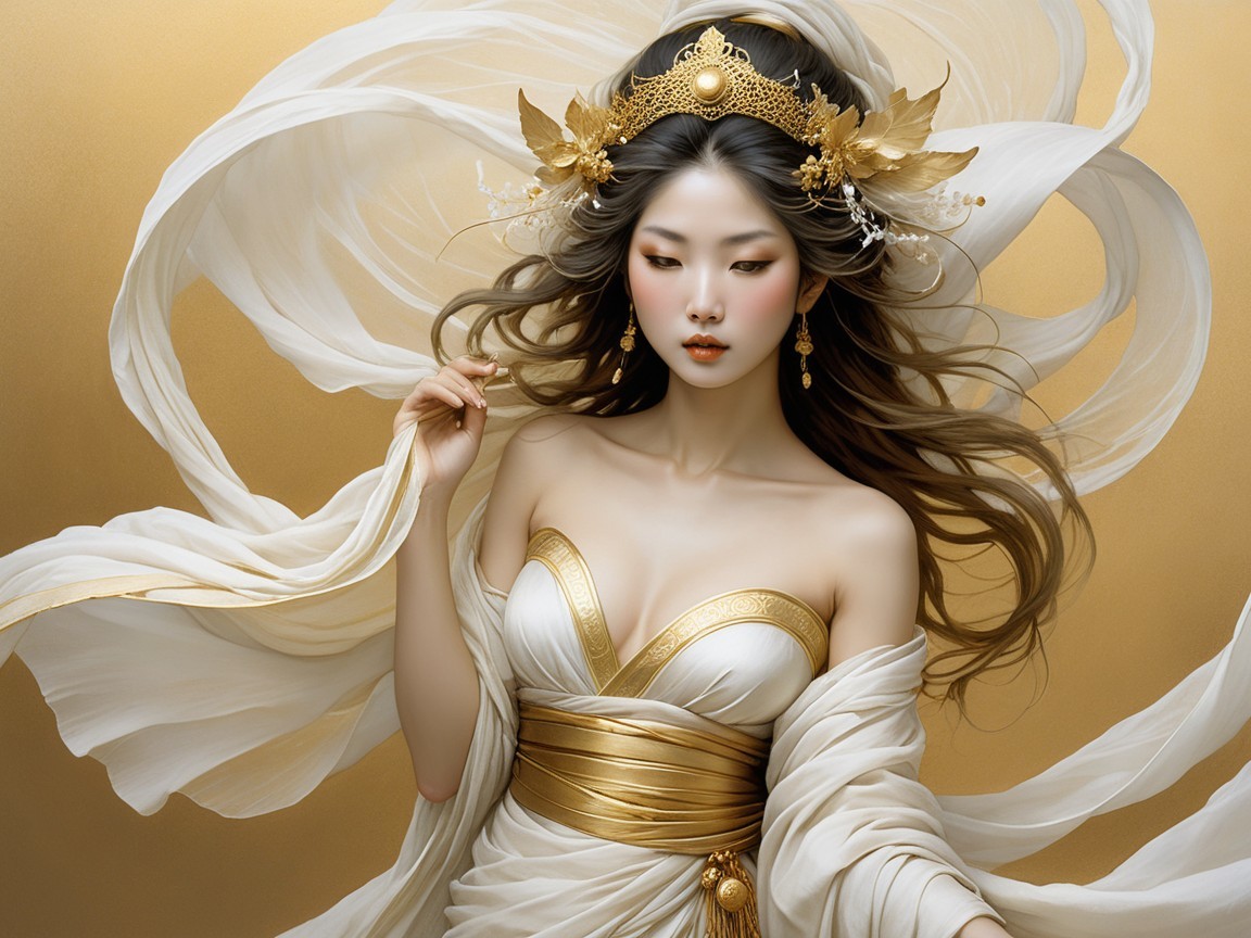 Graceful Woman in White and Gold Attire Against Gold Backdrop