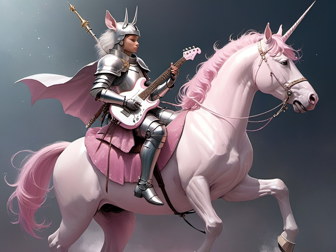 Knight on Pink Unicorn with Electric Guitar in Fantasy Scene