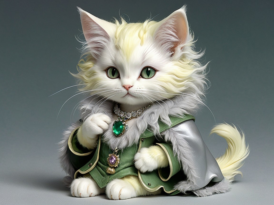 Charming Cat Figure with White Fur and Green Cloak