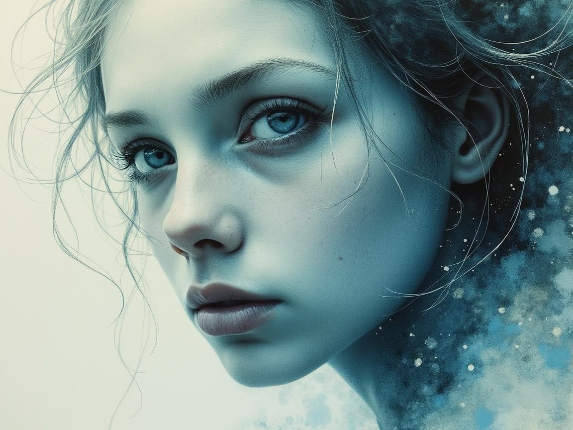 Close-up of a girl with blue eyes and pale skin