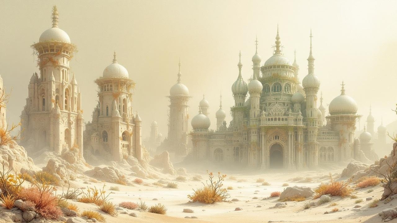 Mystical Landscape with Towering Structures and Spires