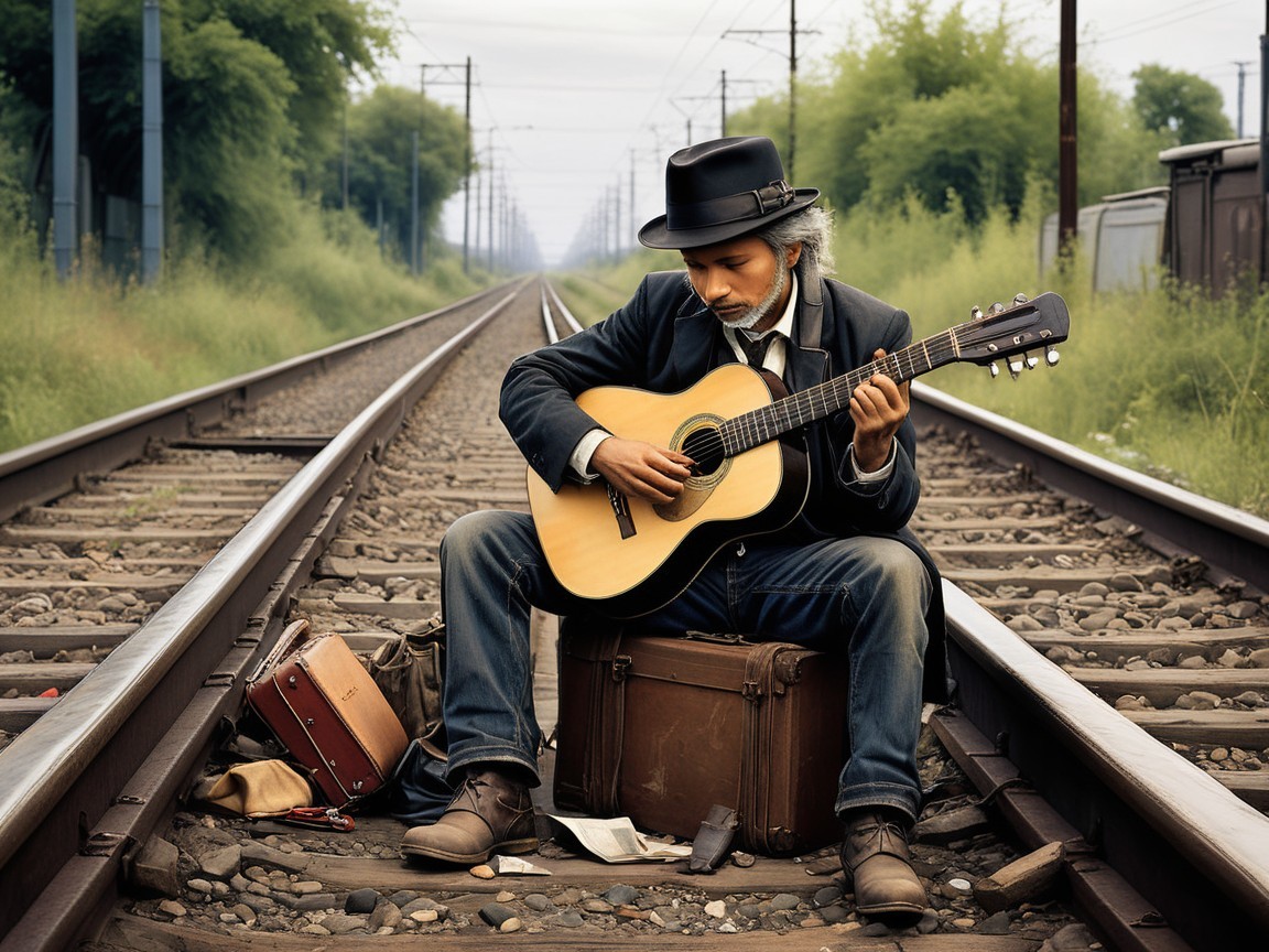 Man with guitar on suitcase by railway tracks
