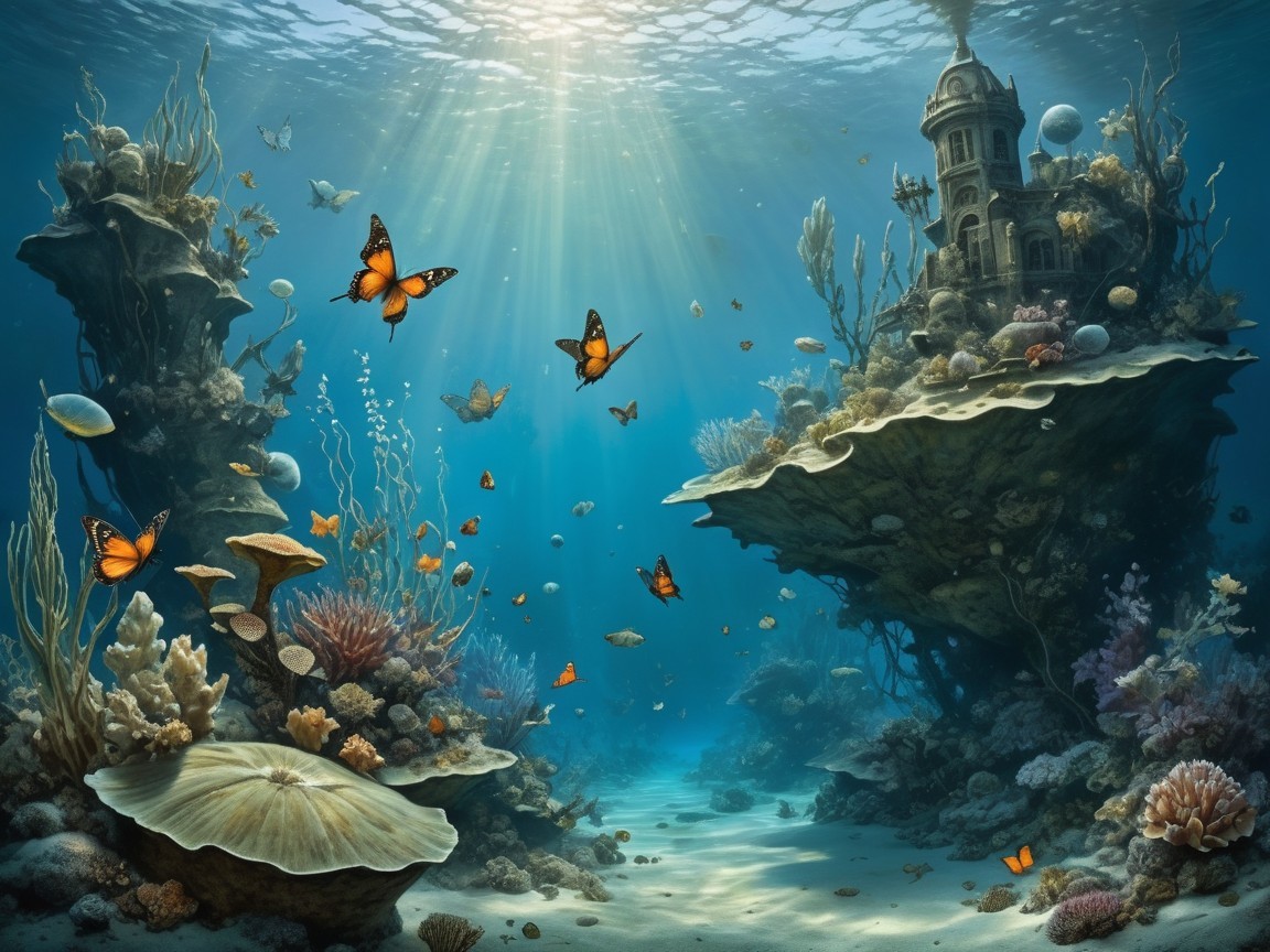 Underwater Scene of Abandoned Castle and Coral Reef