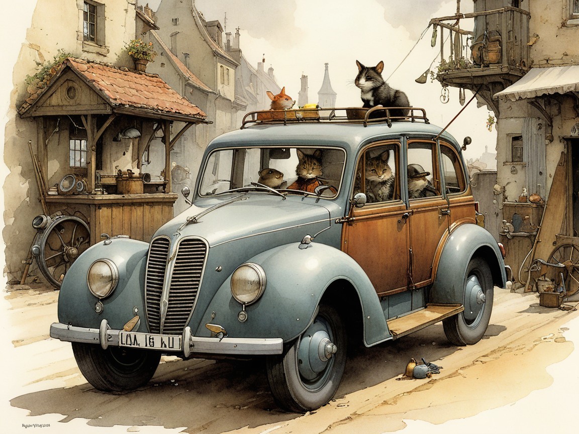 Vintage Blue Car with Animals in Quaint Village Scene