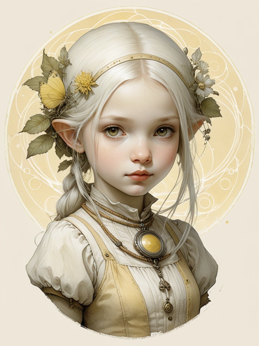 Young girl with floral hair and vintage dress details