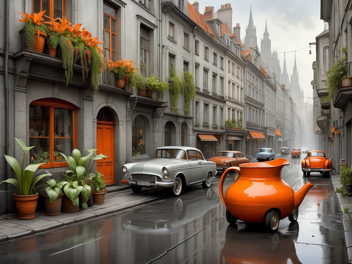 Charming street scene with vintage cars and teapot decoration
