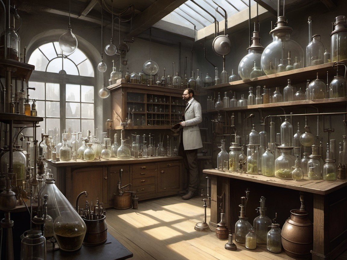 Vintage laboratory with glassware and sunlight illumination