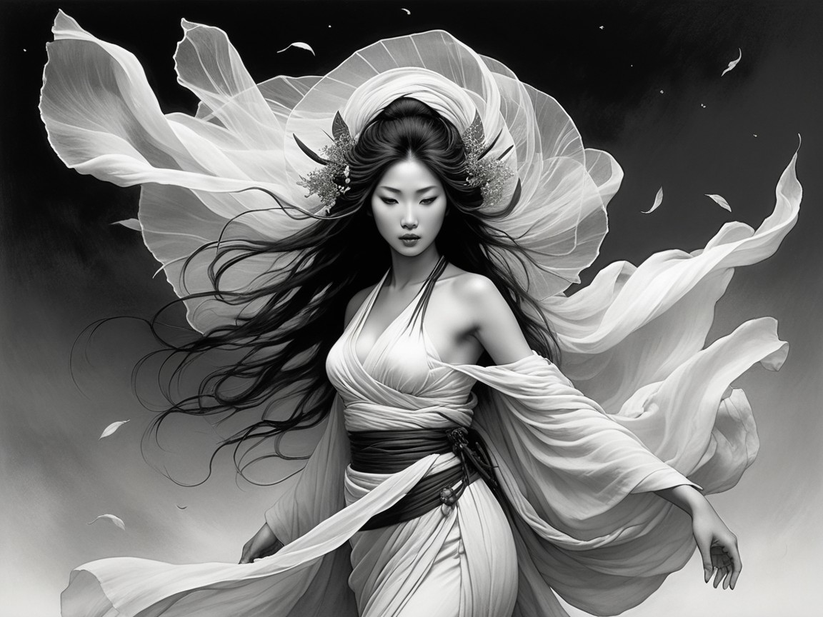 Ethereal Figure in Flowing Garments Against Monochrome