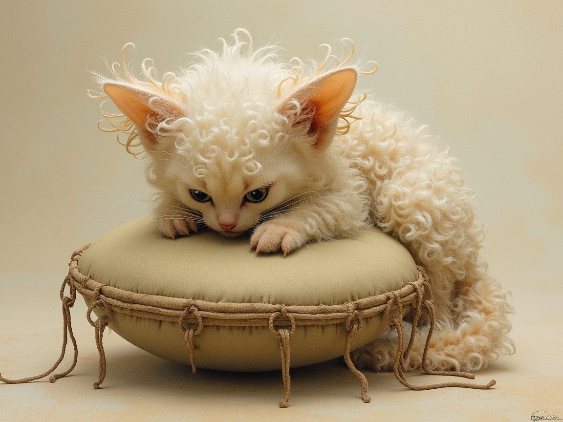 Cream-colored curly kitten resting on a beige cushion