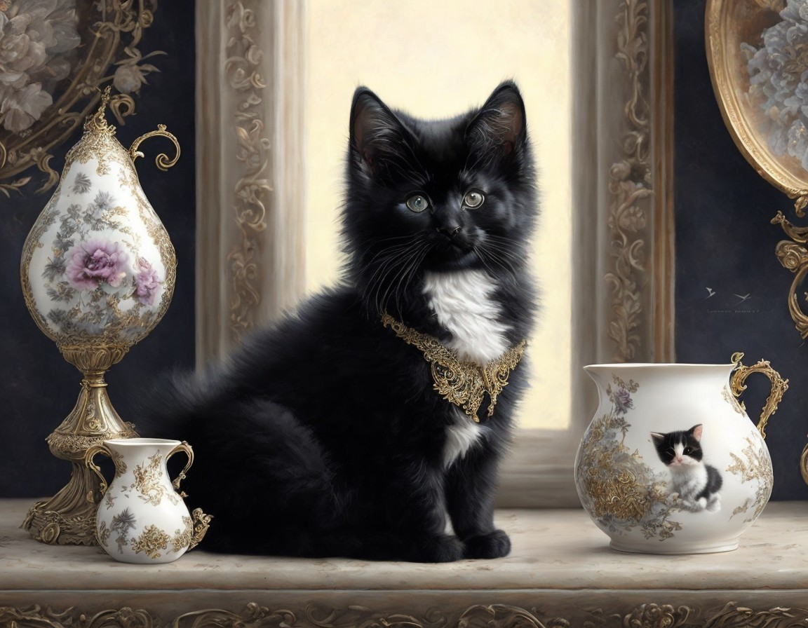 Elegant Black and White Cat on Decorative Table