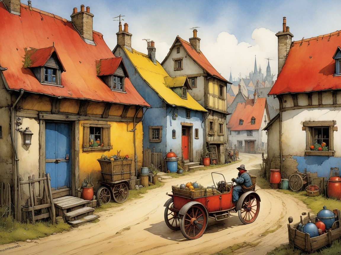 Charming Village Scene with Colorful Houses and Greens
