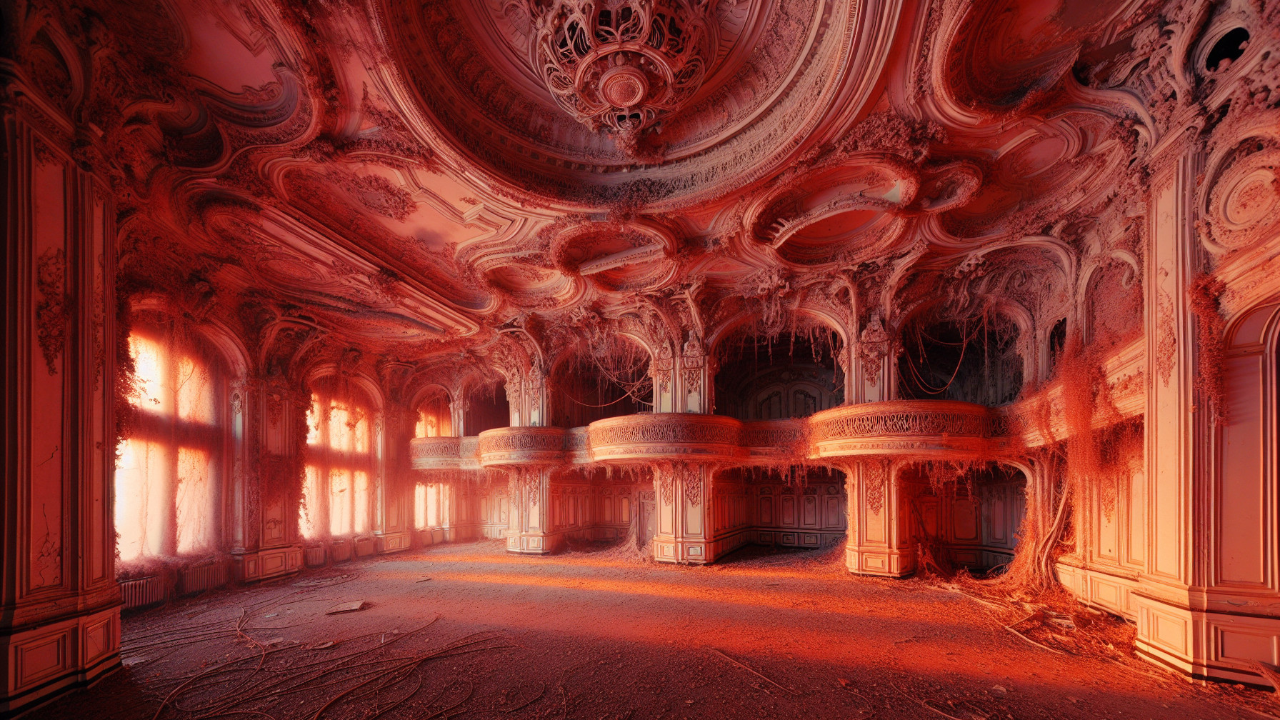 Abandoned Grand Hall with Baroque Architecture and Vines