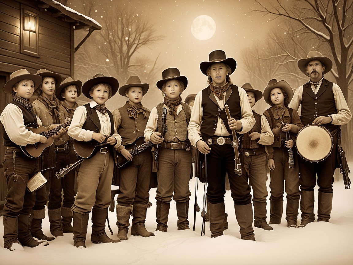 Cowboys and Children in Snowy Night Scene with Moon