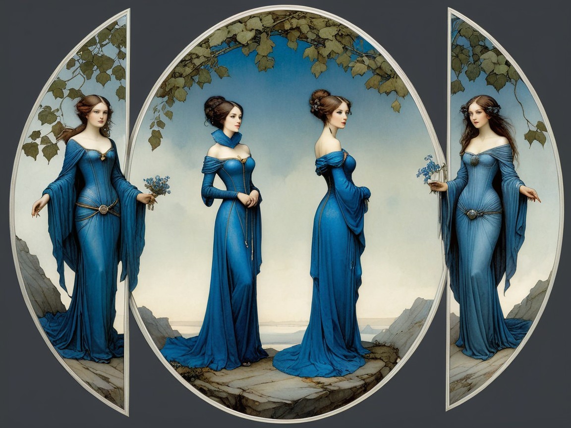 Elegant Women in Flowing Blue Gowns in Serene Setting