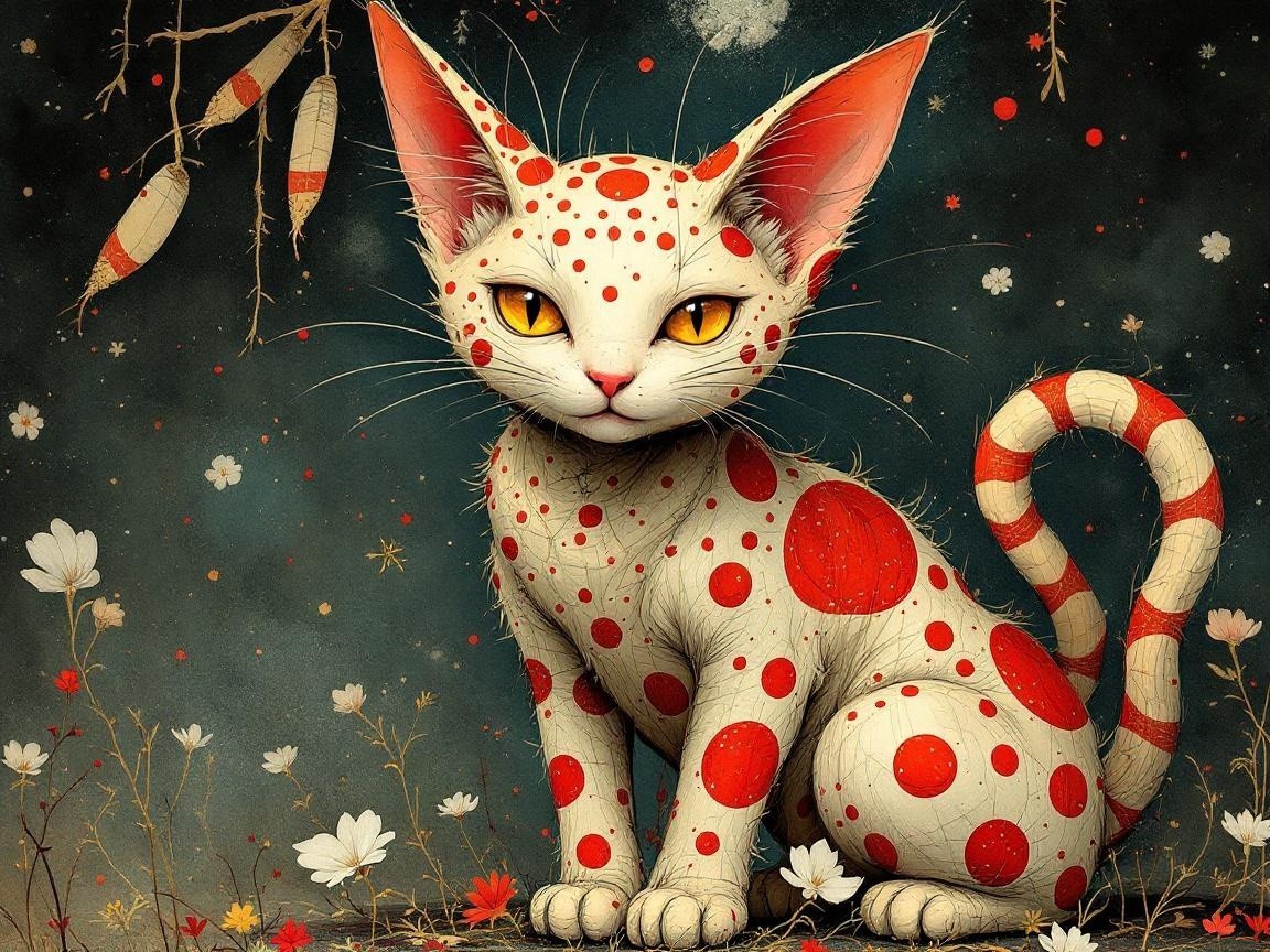 Whimsical Cat with Polka Dots in Dreamy Setting