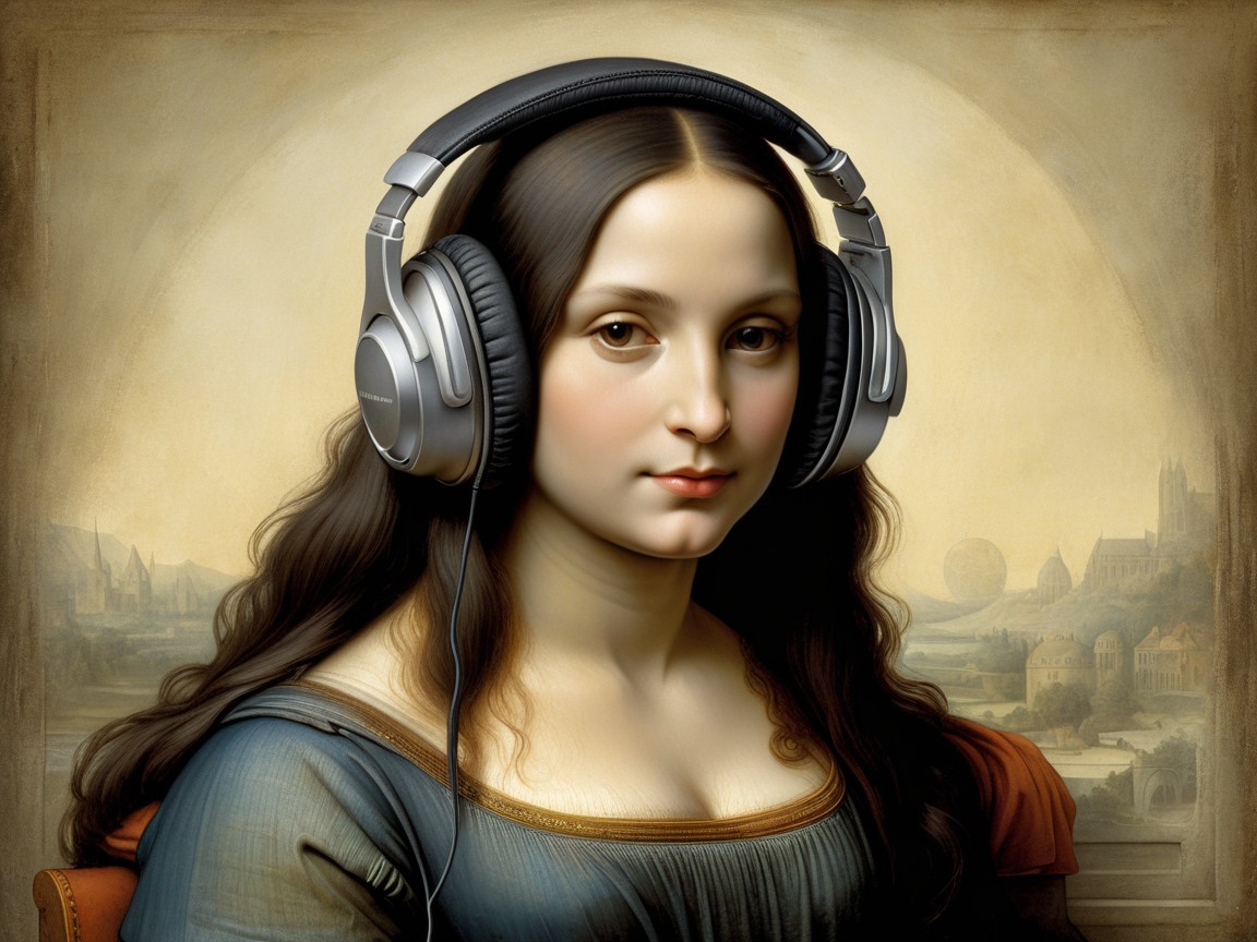 Classical Portrait with Modern Headphones and Landscape