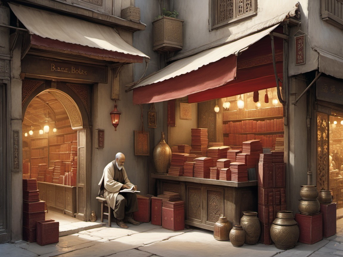 Elderly Man Reading in a Charming Marketplace Setting