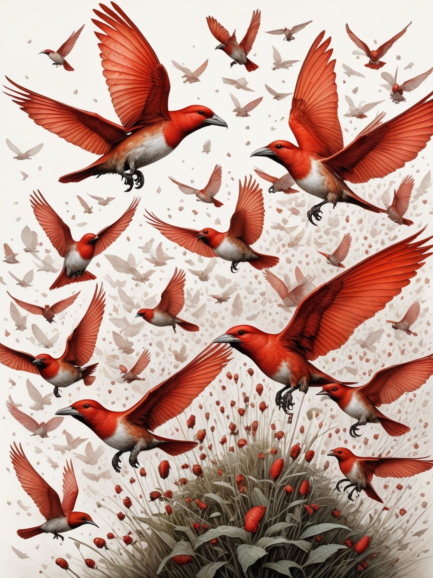 Vibrant Birds in Flight Over Lush Green Landscape