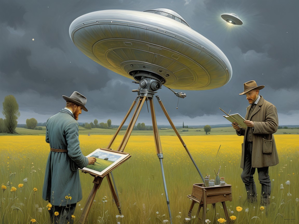 Artists in Yellow Field Under Dramatic Sky and UFO