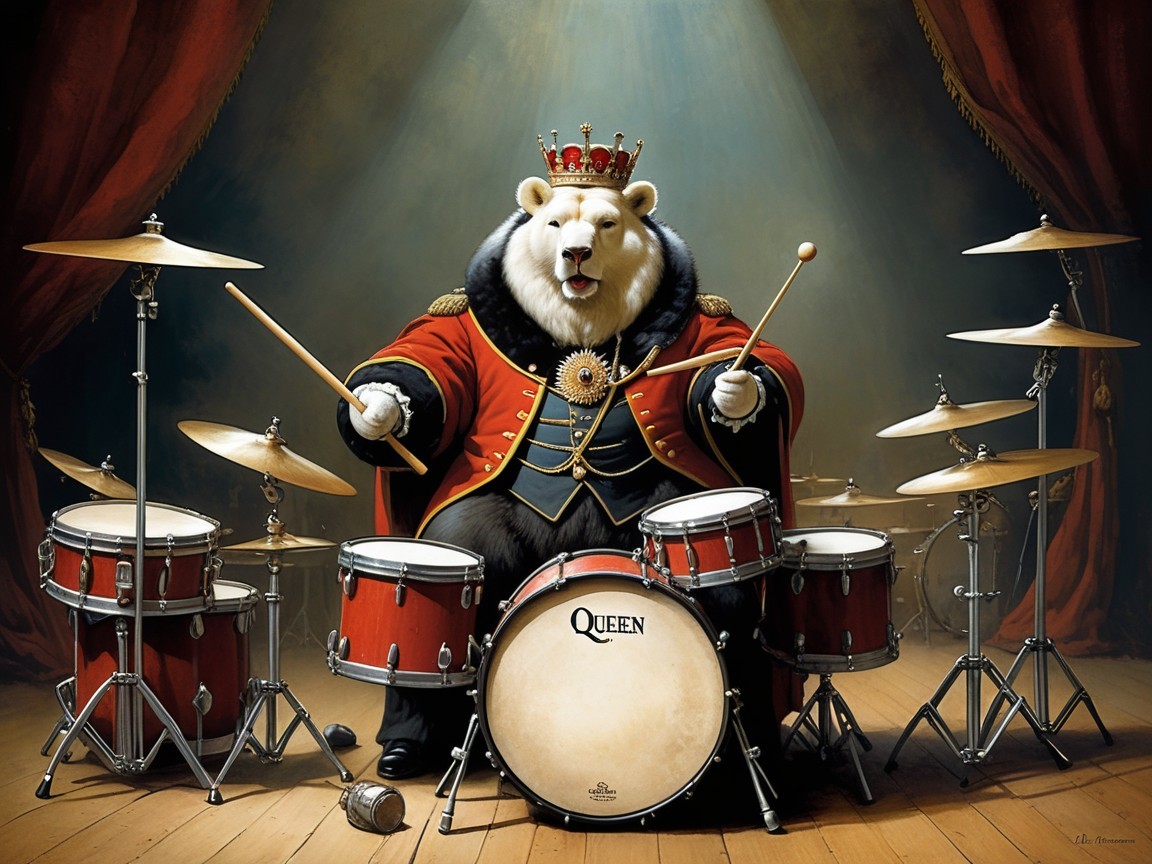Polar bear in royal attire performs on stage with drums