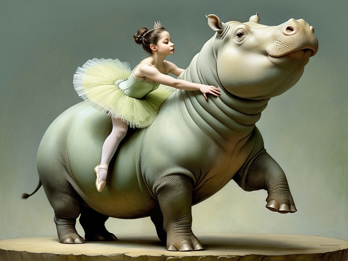Ballerina in Yellow Tutu with Friendly Hippopotamus