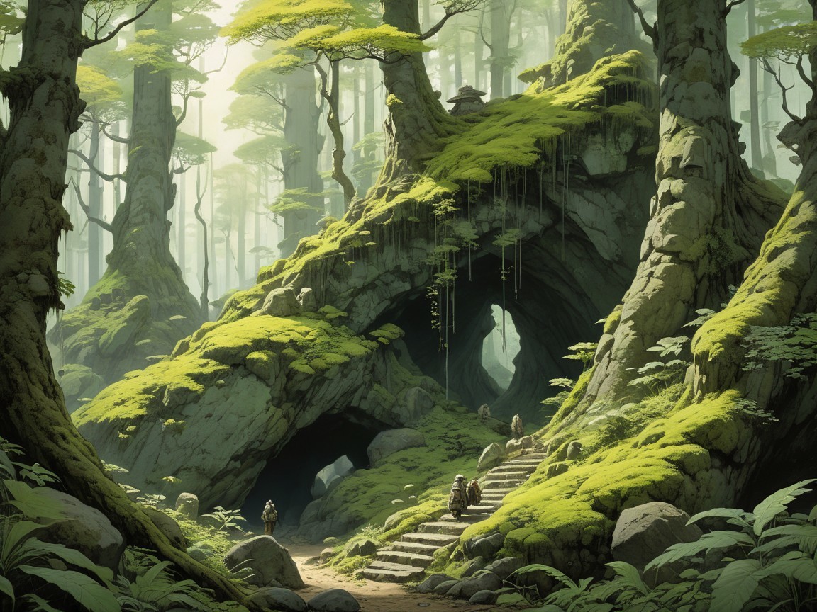 Mystical Forest with Towering Trees and Cave Entrances