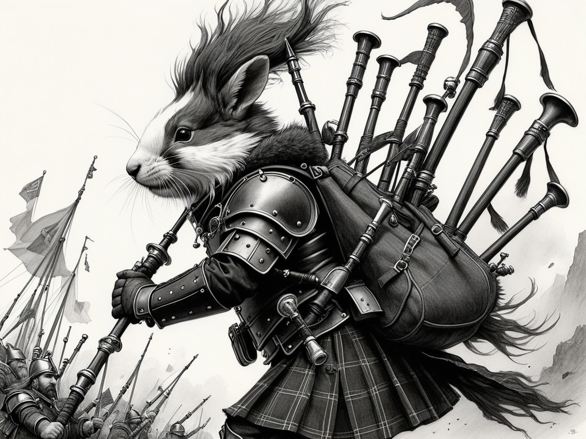Warrior Animal in Armor with Bagpipes in Battle Scene