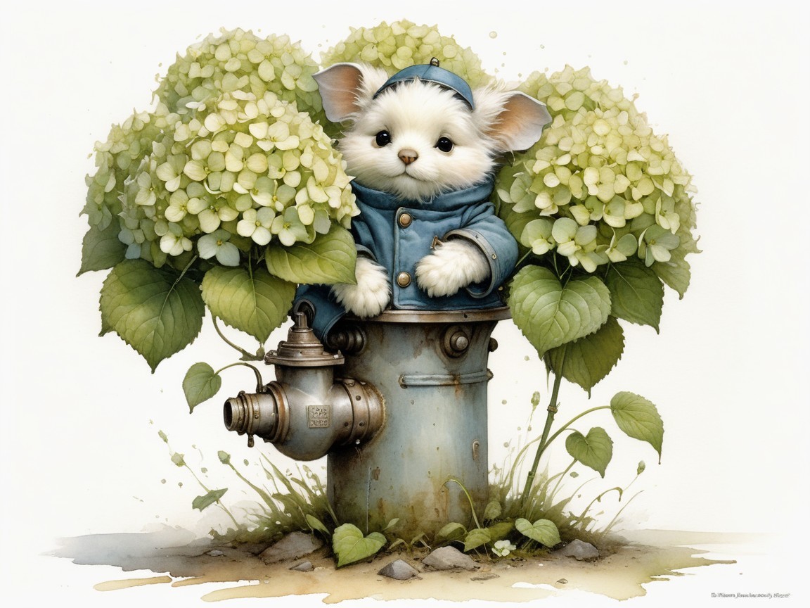 Fluffy White Kitten on Vintage Fire Hydrant Scene