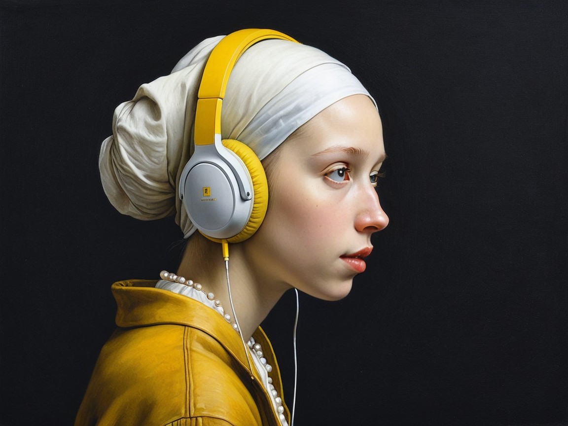 Young Woman in Profile with Headphones and Scarf