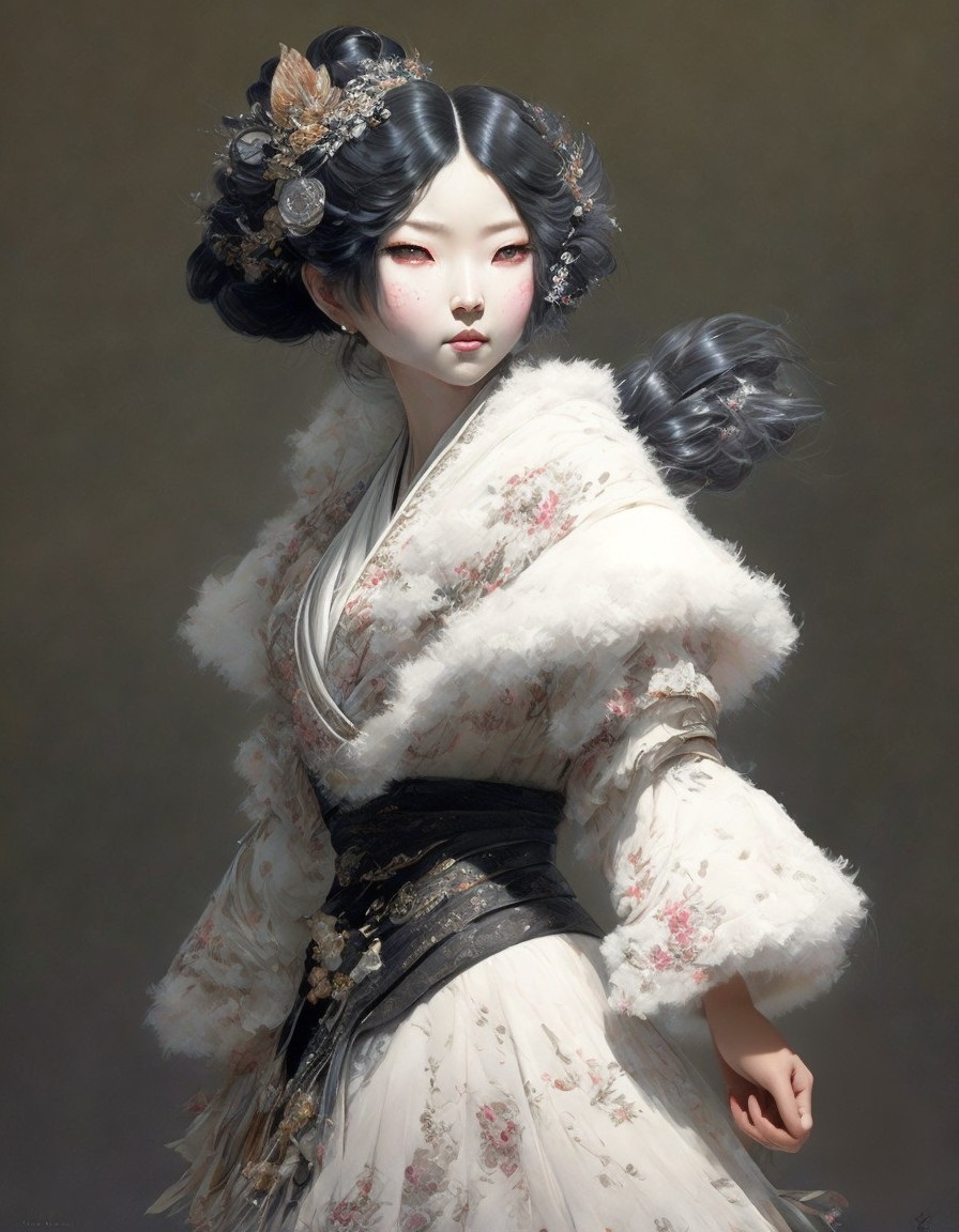 Portrait of a Young Woman in Elegant Kimono