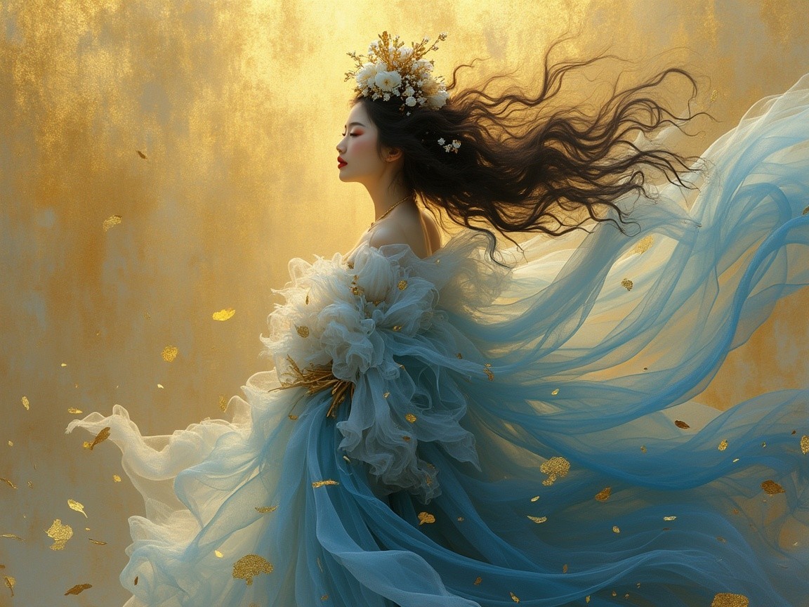 Graceful figure in blue gown with golden backdrop