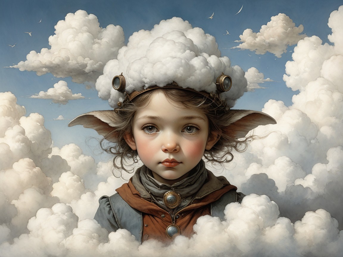 Whimsical Child Portrait with Cloudy Hat and Sky Background