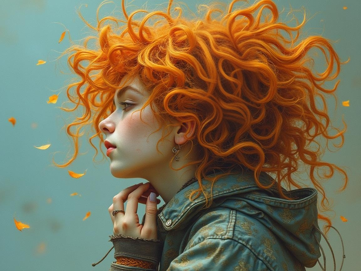 Young woman with orange hair amidst autumn leaves