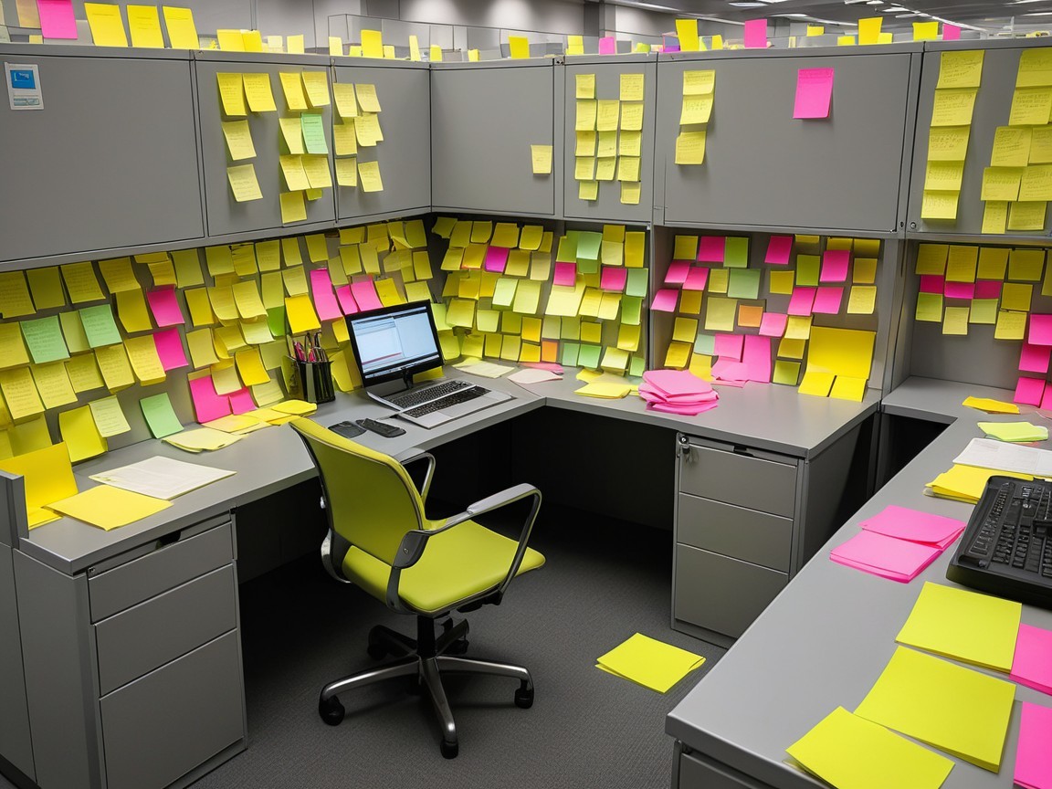 Colorful Sticky Notes in a Vibrant Office Cubicle
