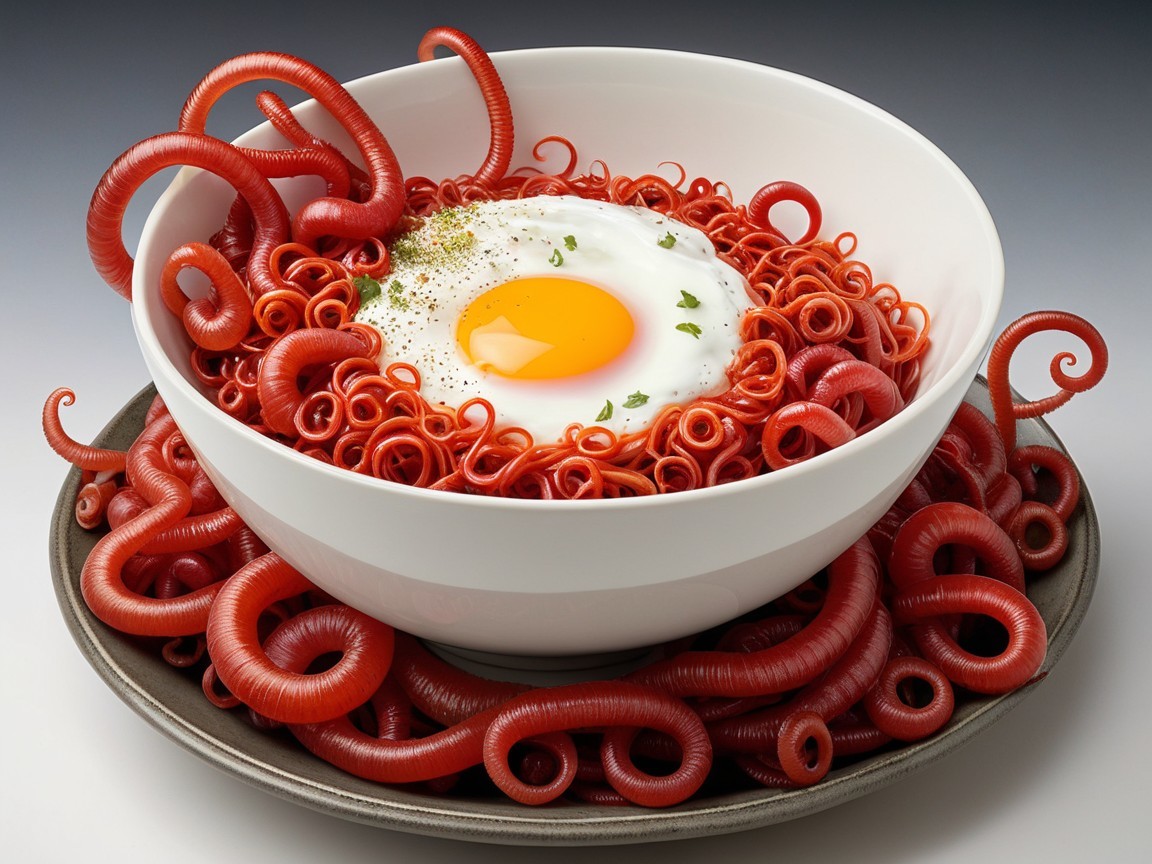 Curly Red Noodles with Sunny-Side-Up Egg Dish