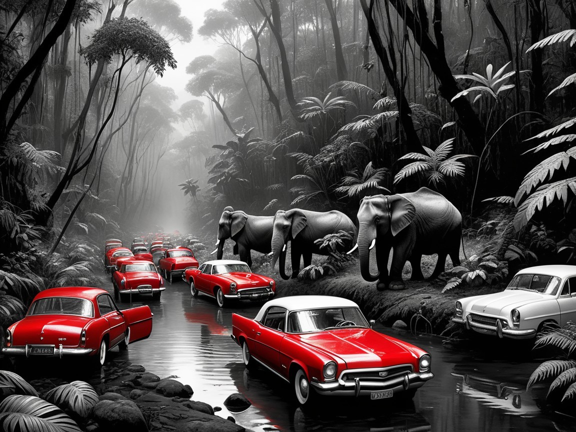 Vintage Cars and Elephants in a Monochromatic Jungle Scene