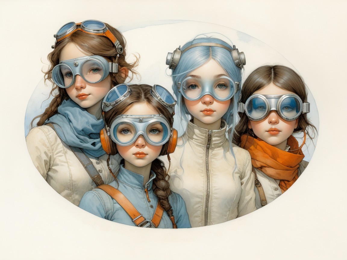 Young girls in stylish outfits with goggles and scarves