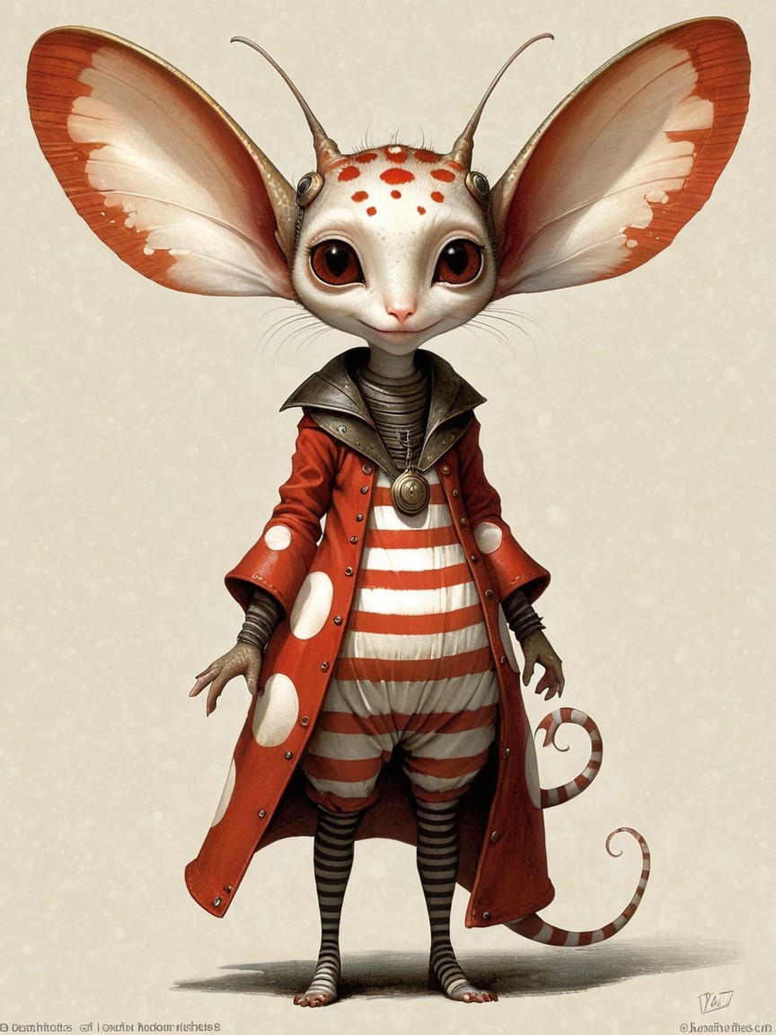 Whimsical creature in striped outfit with polka dots