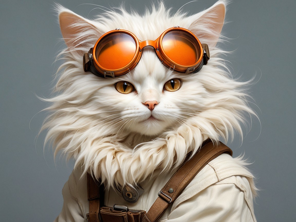 Whimsical White Cat with Orange Goggles and Harness