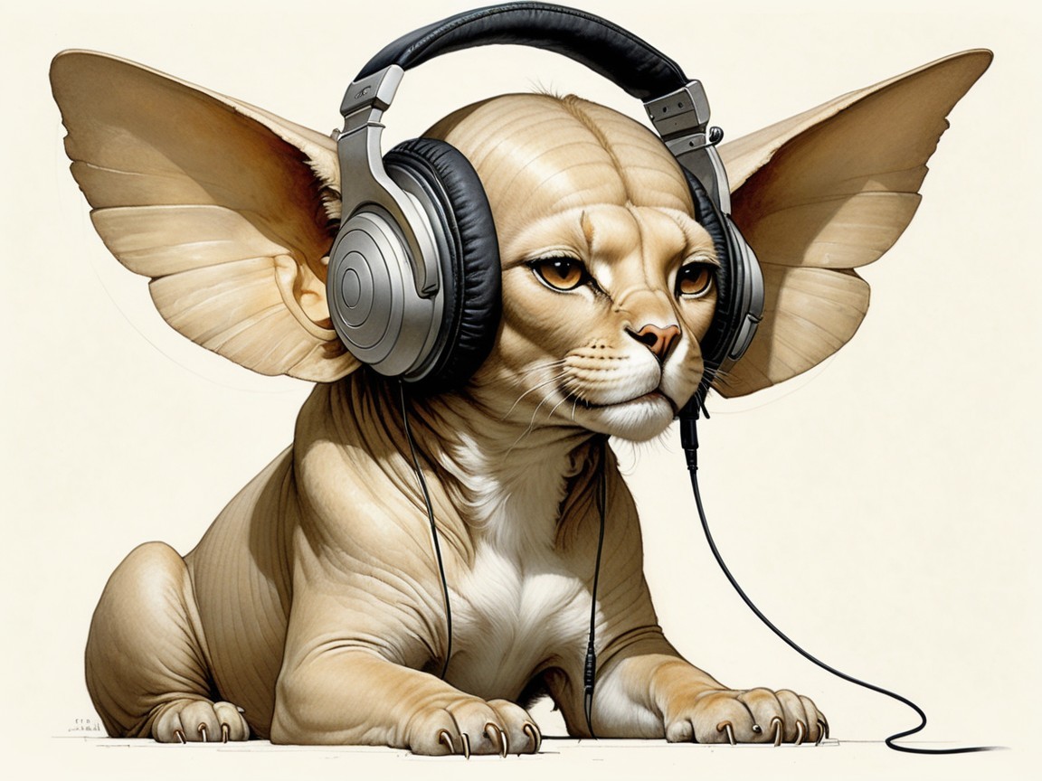 Whimsical creature with large ears and headphones