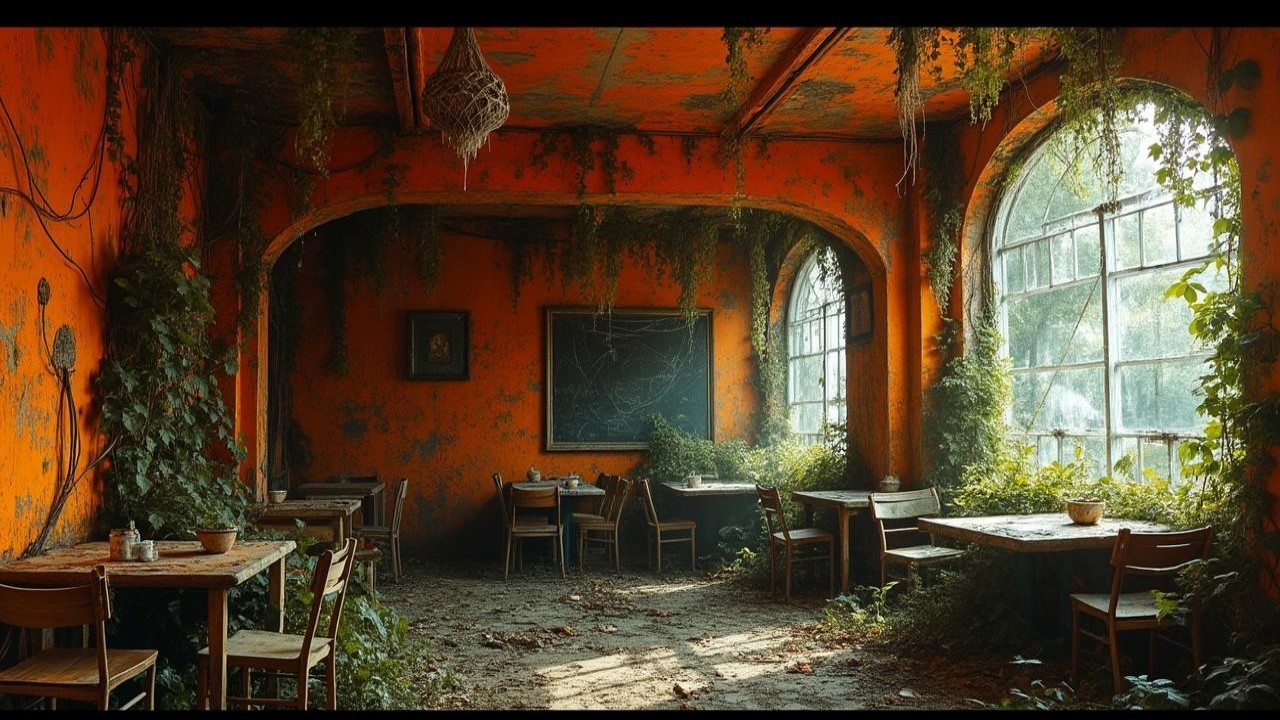 Dilapidated Restaurant with Vibrant Walls and Overgrowth