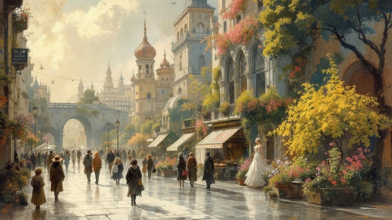 Charming Sunlit Street Scene with Classic Architecture