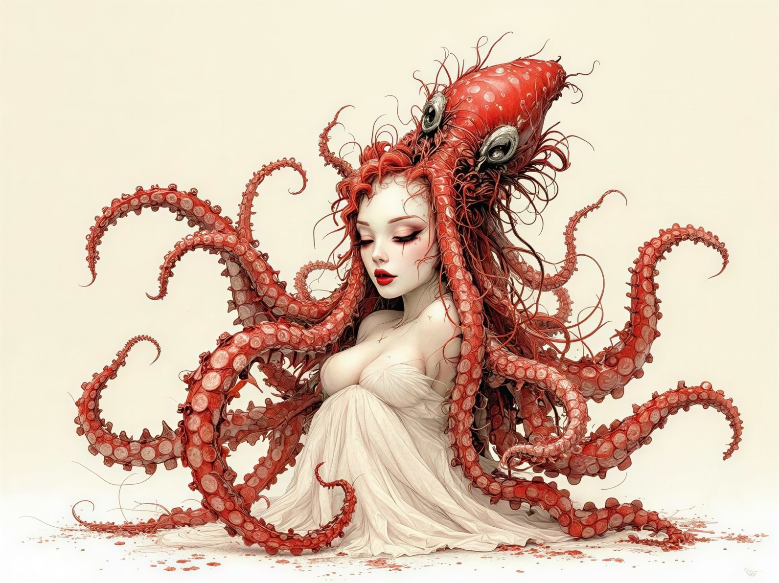 Dreamy Woman with Red Hair and Octopus Tentacles