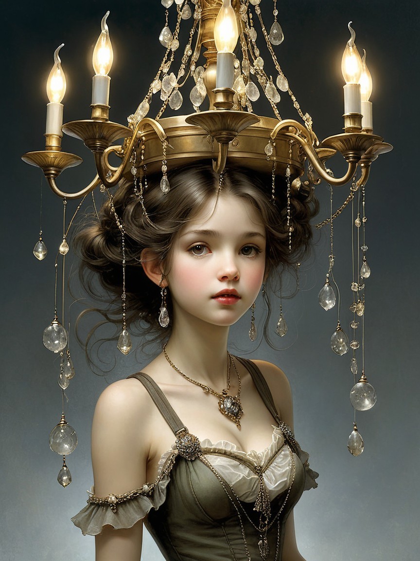 Elegant girl with ornate gold chandelier backdrop