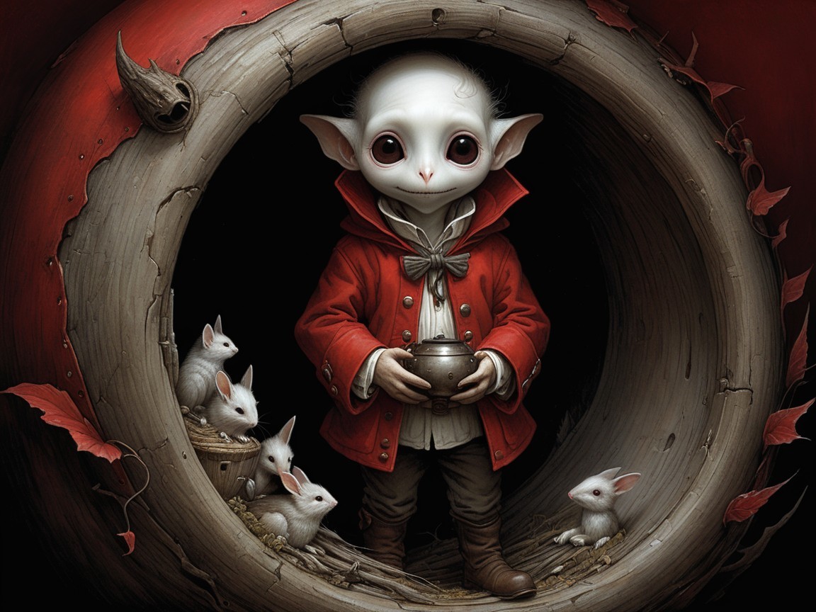 Whimsical Woodland Scene with Figure and Rabbits