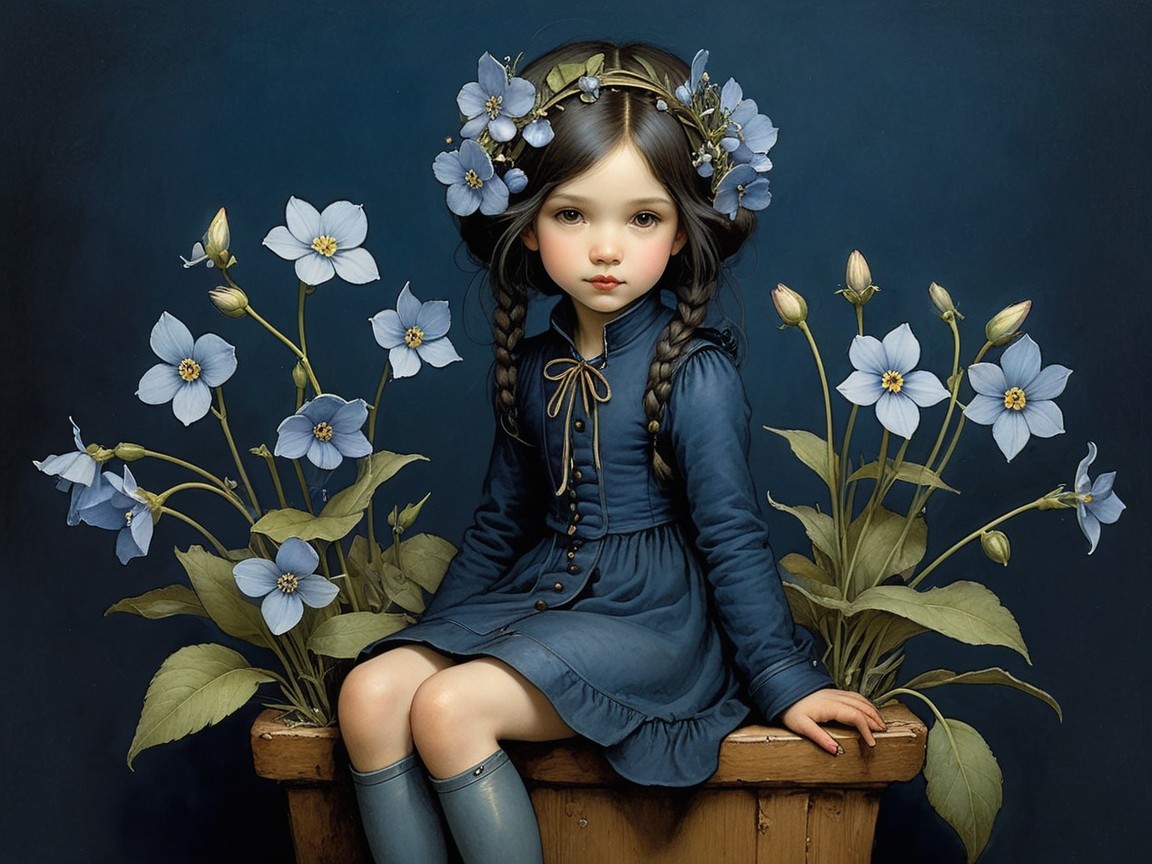 Young Girl in Blue Dress Surrounded by Flowers