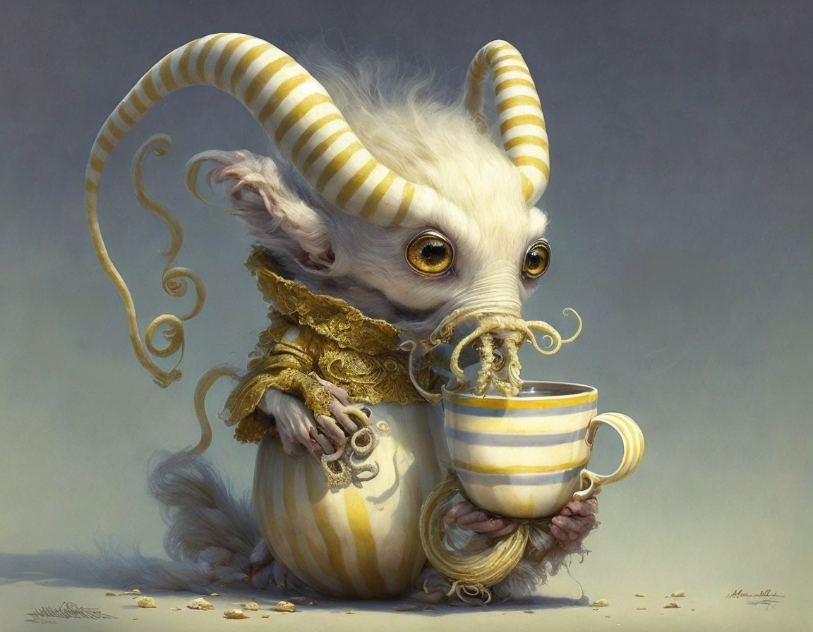 Fantastical creature with ram-like features and attire