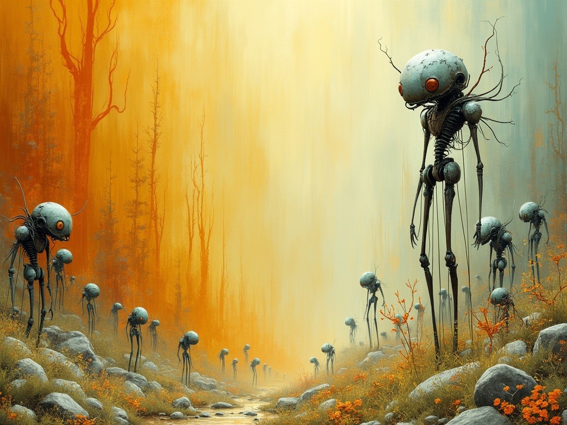 Surreal Landscape with Humanoid Figures and Warm Hues