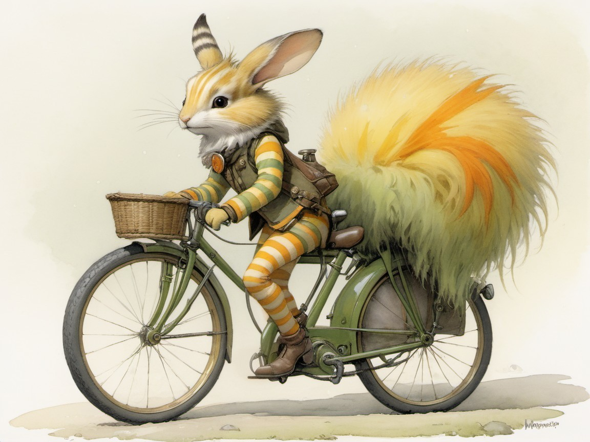 Whimsical Rabbit on Vintage Bicycle with Basket