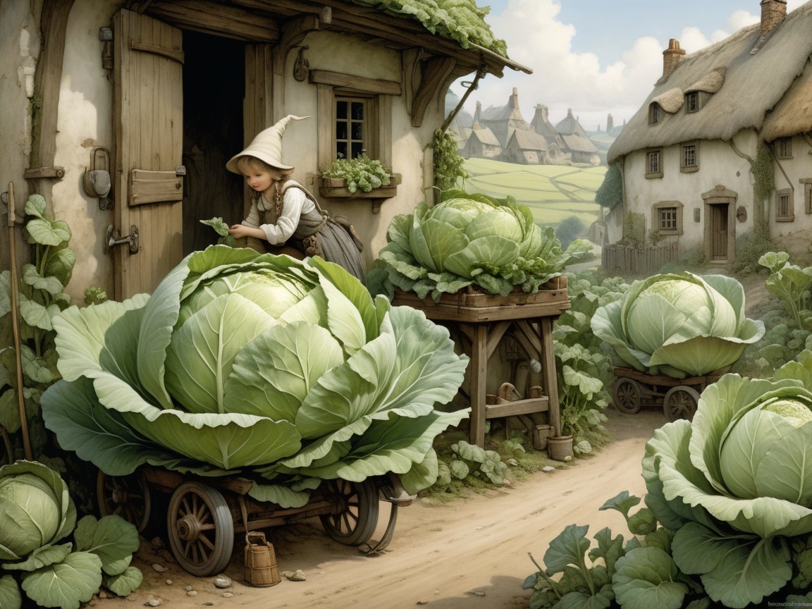 Young Girl in Whimsical Hat Tending Vibrant Cabbages
